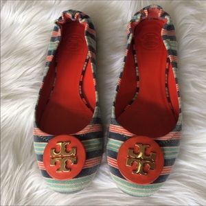 Tory Burch Reva Striped Canvas Logo Ballet Flats